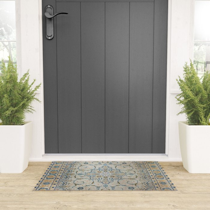 Art Deco Antique Kashan Powder Blue & Pale Gold Welcome Mat Gallery Image 3