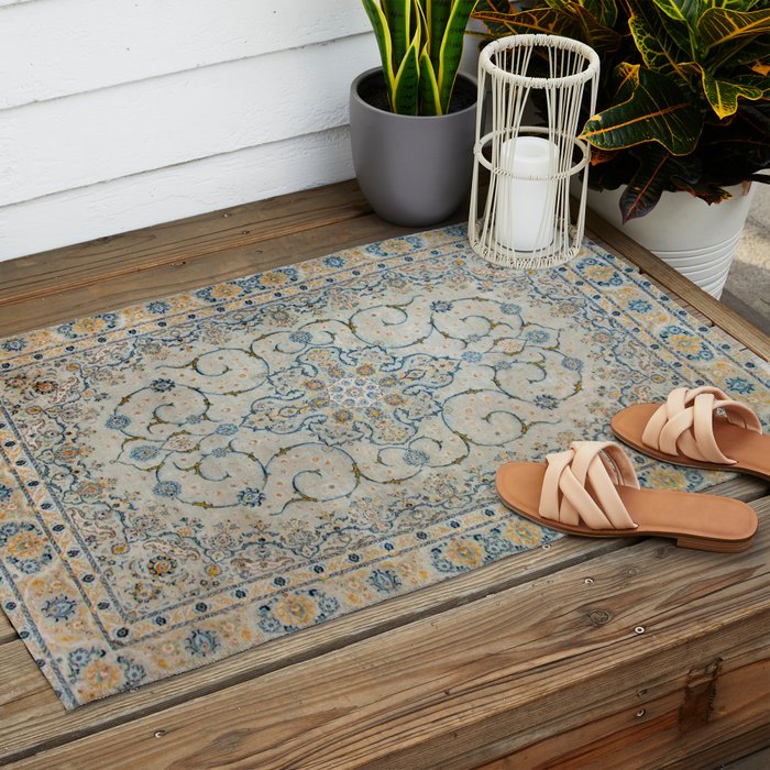 Art Deco Antique Kashan Powder Blue & Pale Gold Outdoor Rug Gallery Image 2