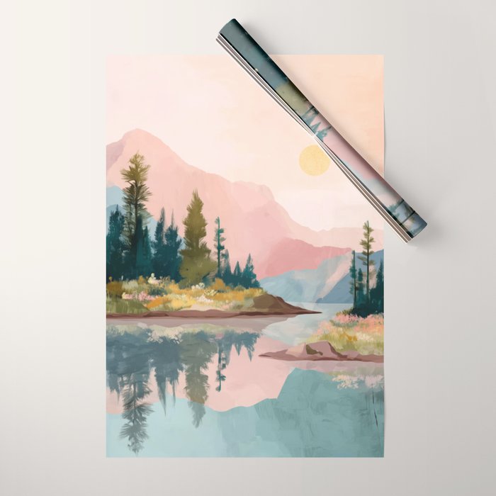 Pastel Mountain Lake Wrapping Paper Gallery Image 1