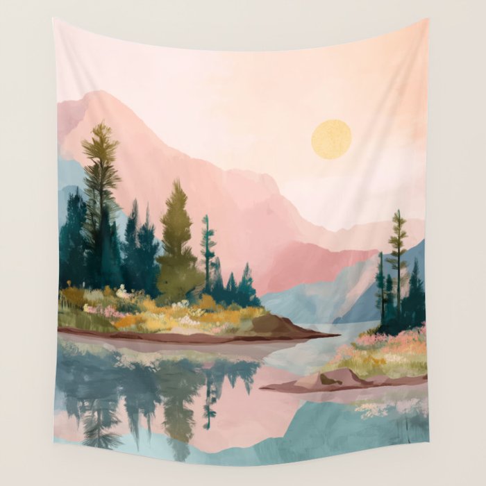 Pastel Mountain Lake Wall Tapestry Gallery Image 4