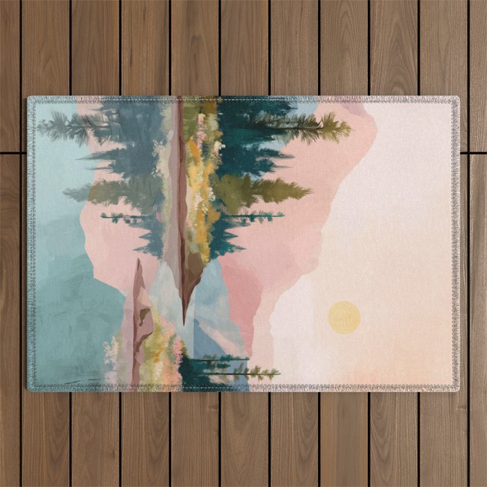 Pastel Mountain Lake Outdoor Rug Gallery Image 1