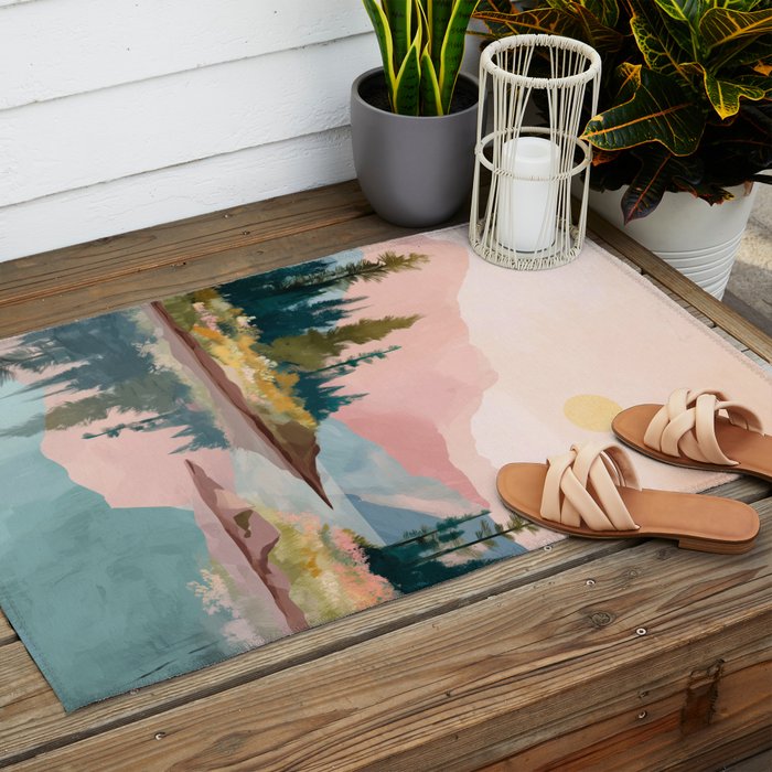 Pastel Mountain Lake Outdoor Rug Gallery Image 2