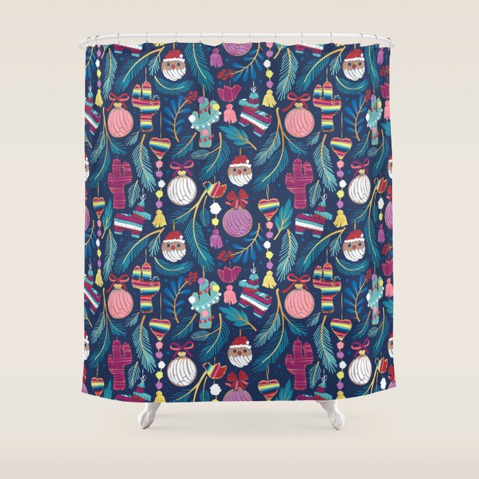 Mexican Christmas Tree // blue background blue pine leaves multicoloured holiday decorations pan dulce balls cacti hearts birds pom-pom garland pinatas santa claus conchas donuts Shower Curtain Gallery Image 1