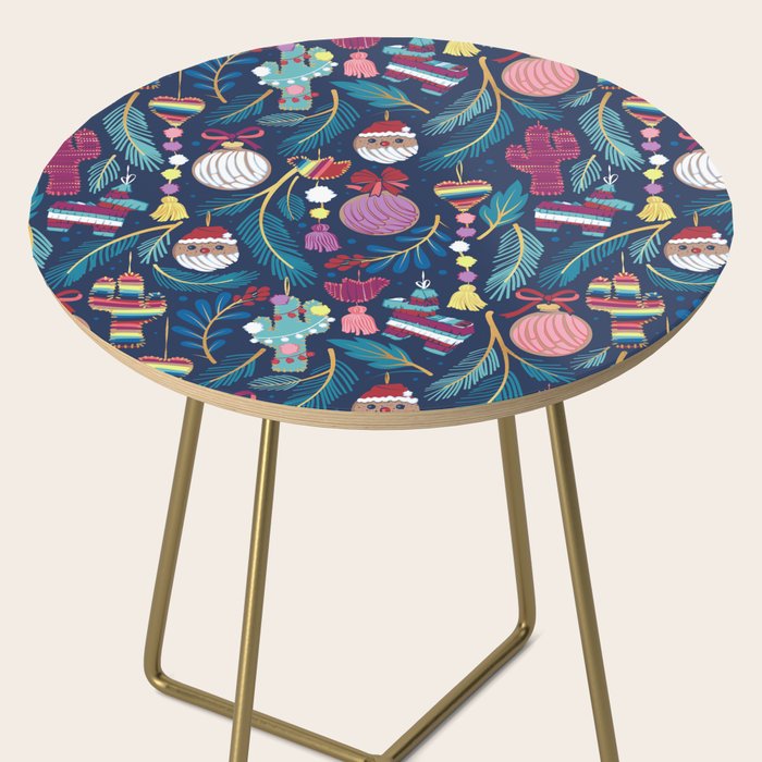 Mexican Christmas Tree // blue background blue pine leaves multicoloured holiday decorations pan dulce balls cacti hearts birds pom-pom garland pinatas santa claus conchas donuts Side Table Gallery Image 2