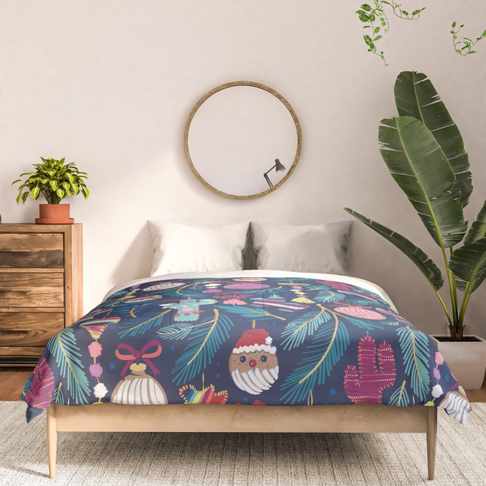 Mexican Christmas Tree // blue background blue pine leaves multicoloured holiday decorations pan dulce balls cacti hearts birds pom-pom garland pinatas santa claus conchas donuts Comforter Gallery Image 3