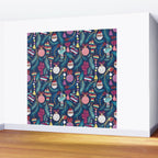 Mexican Christmas Tree // blue background blue pine leaves multicoloured holiday decorations pan dulce balls cacti hearts birds pom-pom garland pinatas santa claus conchas donuts Wall Mural Gallery Image 2