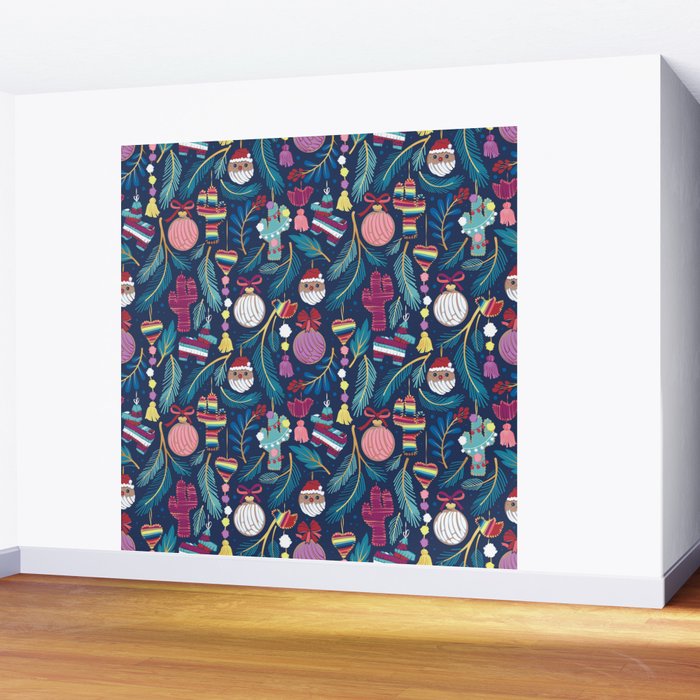 Mexican Christmas Tree // blue background blue pine leaves multicoloured holiday decorations pan dulce balls cacti hearts birds pom-pom garland pinatas santa claus conchas donuts Wall Mural Gallery Image 2