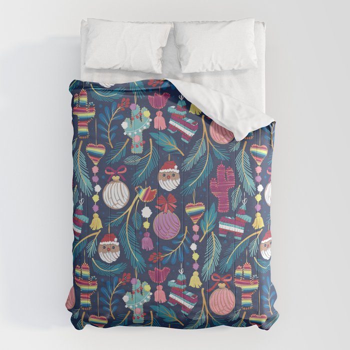 Mexican Christmas Tree // blue background blue pine leaves multicoloured holiday decorations pan dulce balls cacti hearts birds pom-pom garland pinatas santa claus conchas donuts Comforter Gallery Image 1
