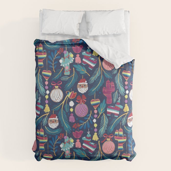 Mexican Christmas Tree // blue background blue pine leaves multicoloured holiday decorations pan dulce balls cacti hearts birds pom-pom garland pinatas santa claus conchas donuts Duvet Cover Gallery Image 6