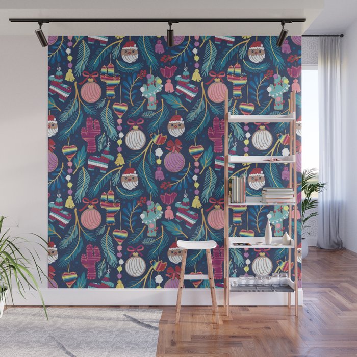 Mexican Christmas Tree // blue background blue pine leaves multicoloured holiday decorations pan dulce balls cacti hearts birds pom-pom garland pinatas santa claus conchas donuts Wall Mural Gallery Image 1