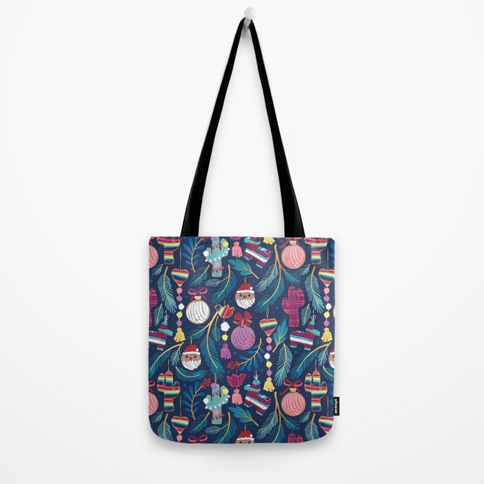 Mexican Christmas Tree // blue background blue pine leaves multicoloured holiday decorations pan dulce balls cacti hearts birds pom-pom garland pinatas santa claus conchas donuts Tote Bag Gallery Image 2