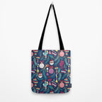Mexican Christmas Tree // blue background blue pine leaves multicoloured holiday decorations pan dulce balls cacti hearts birds pom-pom garland pinatas santa claus conchas donuts Tote Bag Gallery Image 2