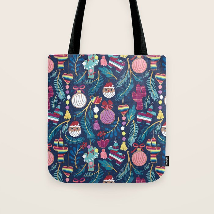 Mexican Christmas Tree // blue background blue pine leaves multicoloured holiday decorations pan dulce balls cacti hearts birds pom-pom garland pinatas santa claus conchas donuts Tote Bag Gallery Image 1