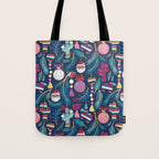 Mexican Christmas Tree // blue background blue pine leaves multicoloured holiday decorations pan dulce balls cacti hearts birds pom-pom garland pinatas santa claus conchas donuts Tote Bag Gallery Image 1