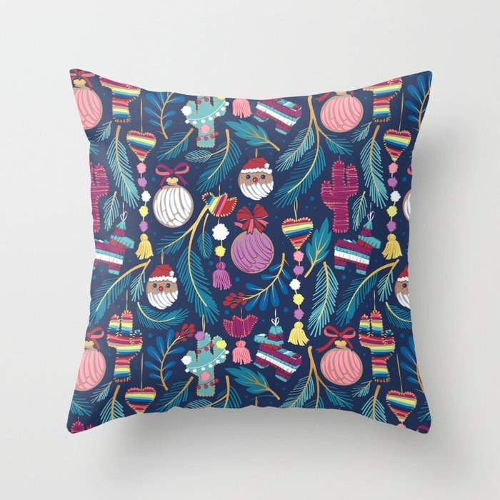 Mexican Christmas Tree // blue background blue pine leaves multicoloured holiday decorations pan dulce balls cacti hearts birds pom-pom garland pinatas santa claus conchas donuts Throw Pillow Gallery Image 1