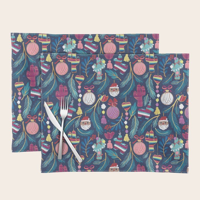 Mexican Christmas Tree // blue background blue pine leaves multicoloured holiday decorations pan dulce balls cacti hearts birds pom-pom garland pinatas santa claus conchas donuts Placemat Gallery Image 1