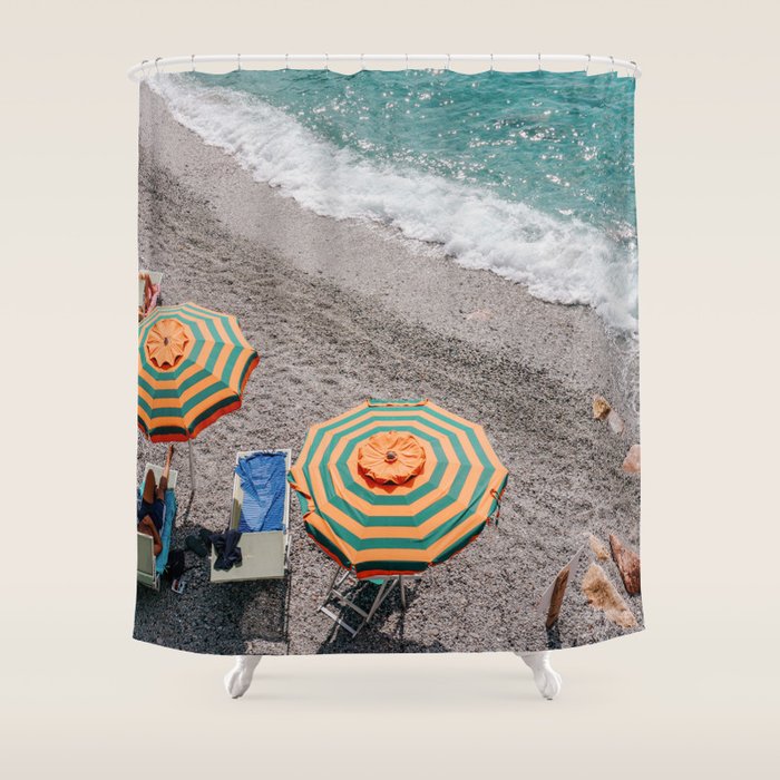 Monterosso Al Mare - Italy Europe Travel Photography - Summer Holiday Beach Umbrella Photo Art Print - Coastal Getaway Shower Curtain Gallery Image 1