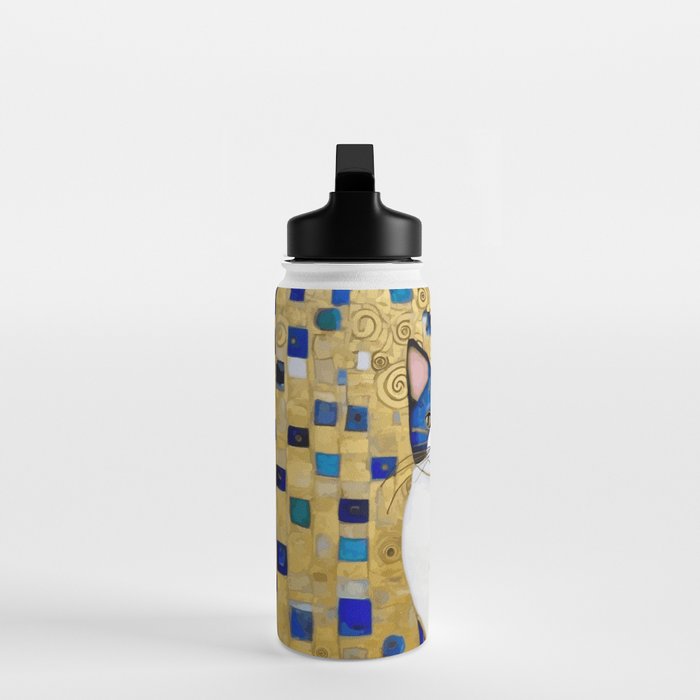 Blue and Gold Klimt Tabby Cat in Geometric Surroundings  Water Bottle Gallery Image 3