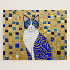 Blue and Gold Klimt Tabby Cat in Geometric Surroundings  Jigsaw Puzzle Gallery Image 1