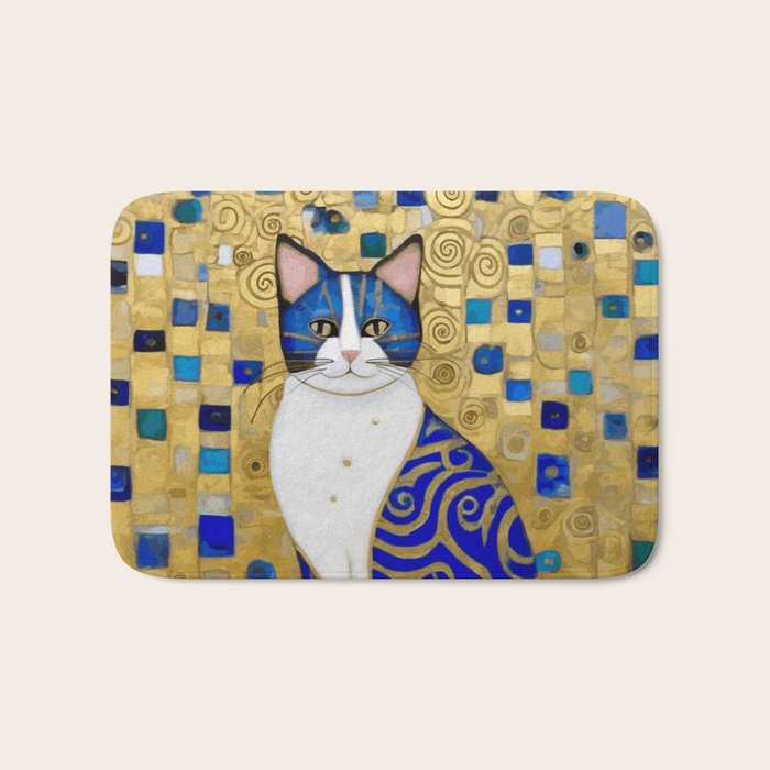 Blue and Gold Klimt Tabby Cat in Geometric Surroundings  Bath Mat Gallery Image 1