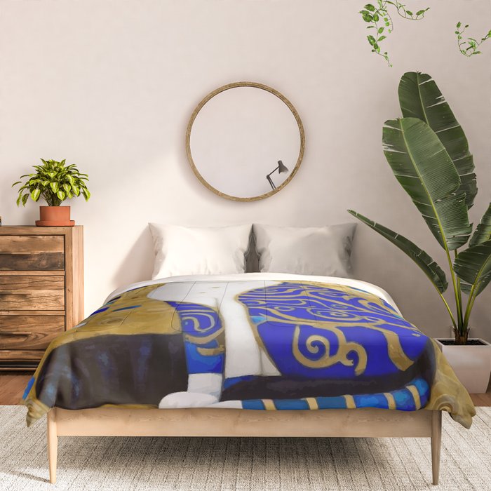 Blue and Gold Klimt Tabby Cat in Geometric Surroundings  Comforter Gallery Image 3