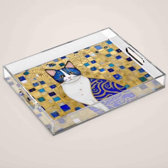 Blue and Gold Klimt Tabby Cat in Geometric Surroundings  Acrylic Tray Gallery Image 1