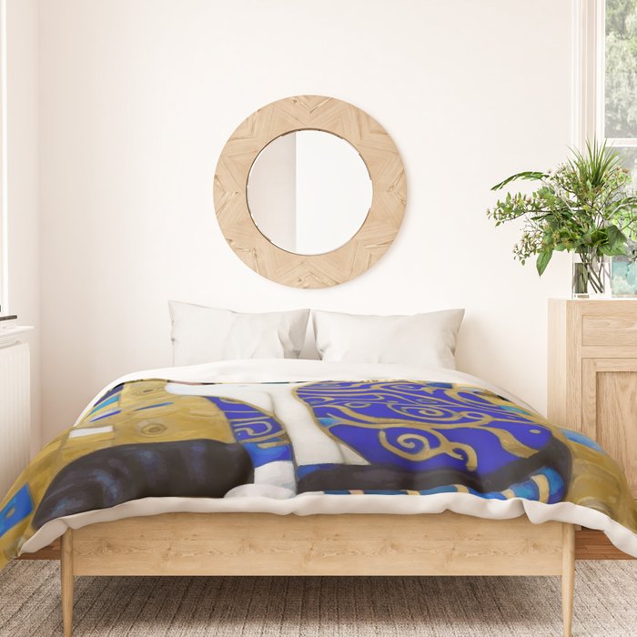Blue and Gold Klimt Tabby Cat in Geometric Surroundings  Duvet Cover Gallery Image 3