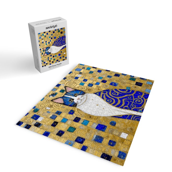 Blue and Gold Klimt Tabby Cat in Geometric Surroundings  Jigsaw Puzzle Gallery Image 2