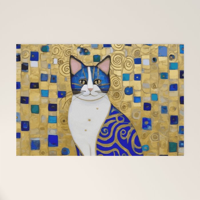 Blue and Gold Klimt Tabby Cat in Geometric Surroundings  Welcome Mat Gallery Image 1