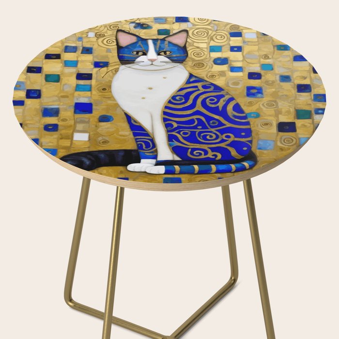 Blue and Gold Klimt Tabby Cat in Geometric Surroundings  Side Table Gallery Image 2