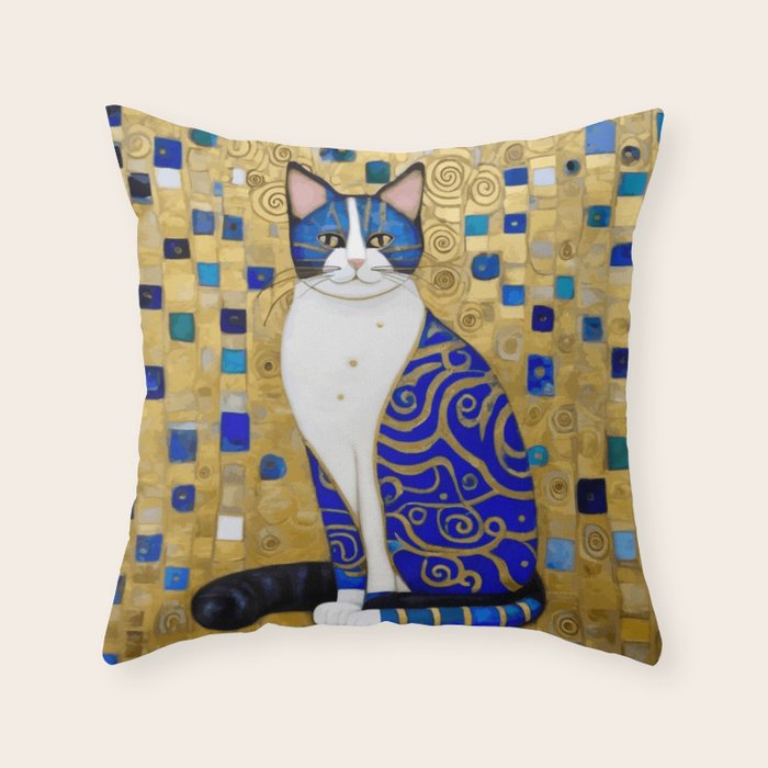 Blue and Gold Klimt Tabby Cat in Geometric Surroundings  Throw Pillow Gallery Image 1