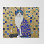 Blue and Gold Klimt Tabby Cat in Geometric Surroundings  Throw Blanket Gallery Image 2