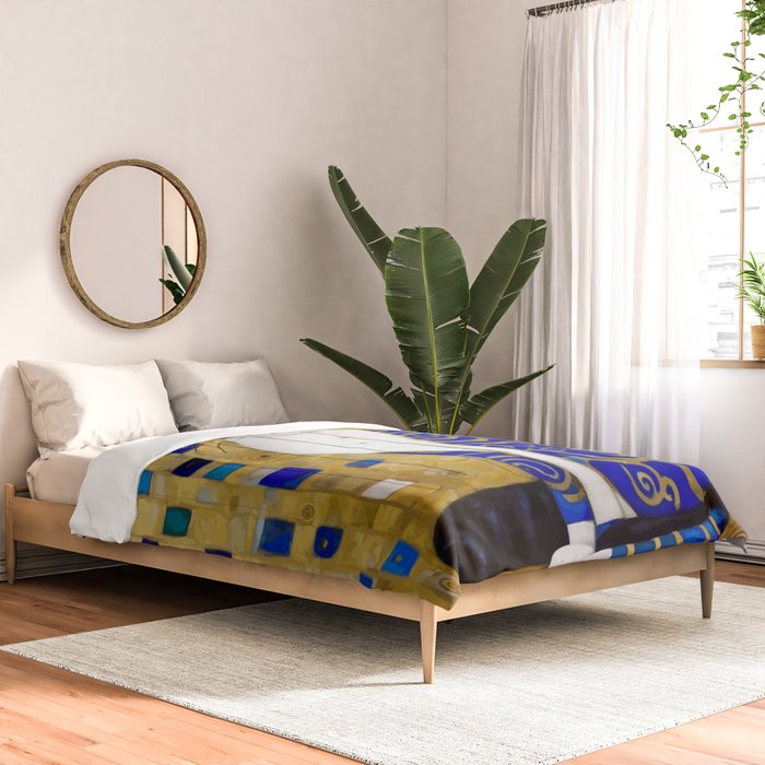 Blue and Gold Klimt Tabby Cat in Geometric Surroundings  Comforter Gallery Image 2