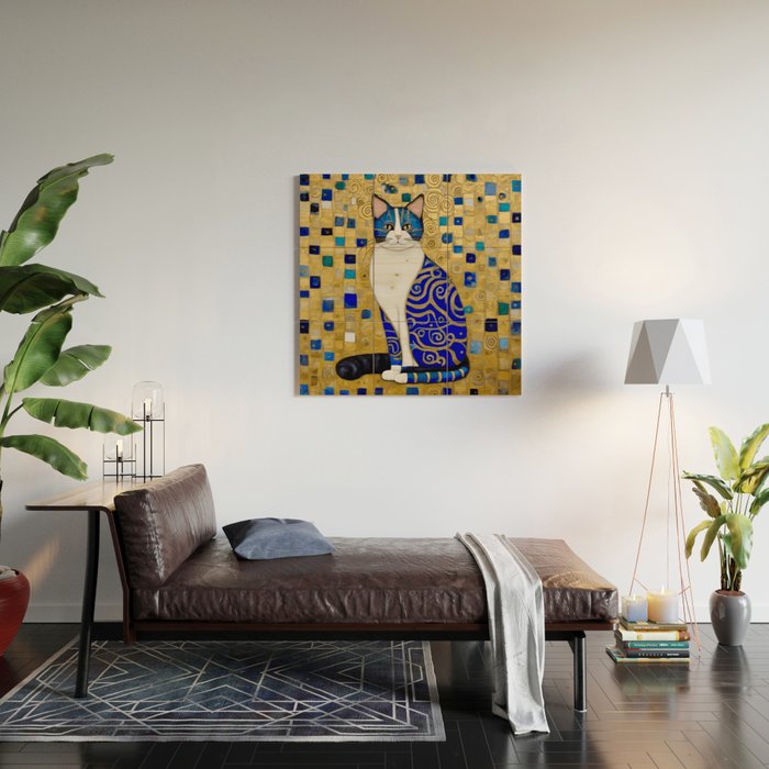 Blue and Gold Klimt Tabby Cat in Geometric Surroundings  Wood Wall Art Gallery Image 2