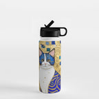 Blue and Gold Klimt Tabby Cat in Geometric Surroundings  Water Bottle Gallery Image 1