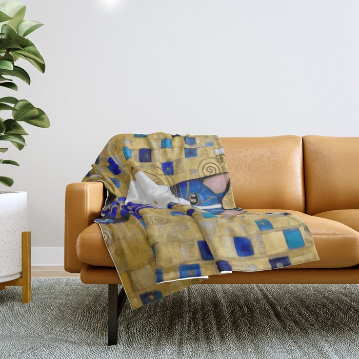 Blue and Gold Klimt Tabby Cat in Geometric Surroundings  Throw Blanket Gallery Image 1