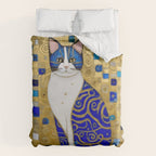 Blue and Gold Klimt Tabby Cat in Geometric Surroundings  Duvet Cover Gallery Image 6