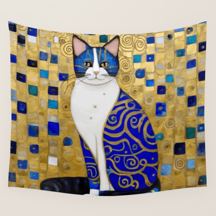 Blue and Gold Klimt Tabby Cat in Geometric Surroundings  Wall Tapestry Gallery Image 4