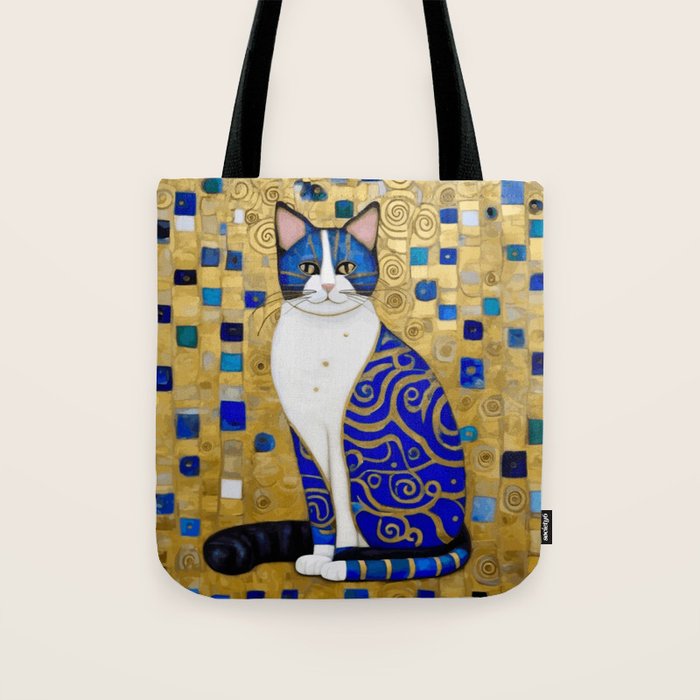 Blue and Gold Klimt Tabby Cat in Geometric Surroundings  Tote Bag Gallery Image 1