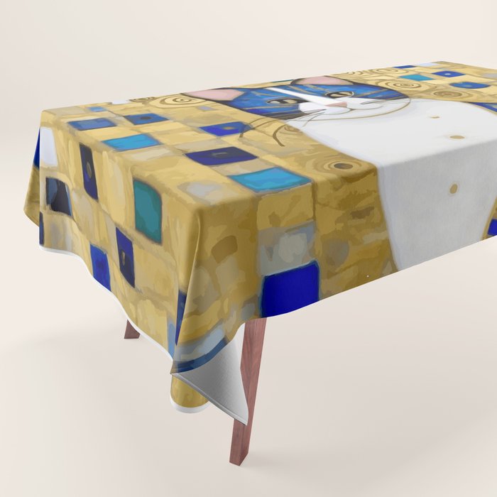 Blue and Gold Klimt Tabby Cat in Geometric Surroundings  Tablecloth Gallery Image 1