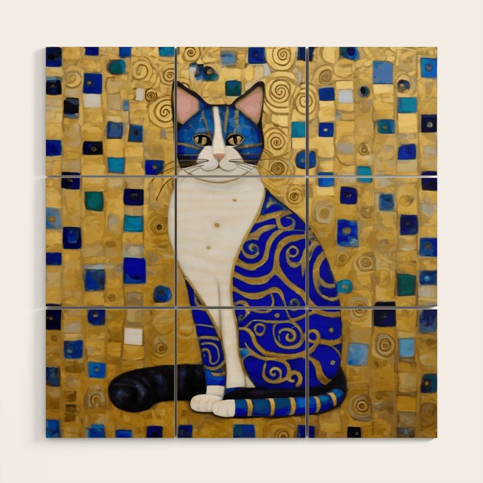 Blue and Gold Klimt Tabby Cat in Geometric Surroundings  Wood Wall Art Gallery Image 1