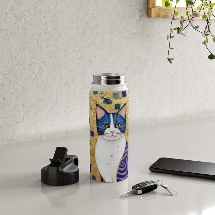 Blue and Gold Klimt Tabby Cat in Geometric Surroundings  Water Bottle Gallery Image 4