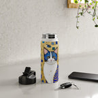 Blue and Gold Klimt Tabby Cat in Geometric Surroundings  Water Bottle Gallery Image 4