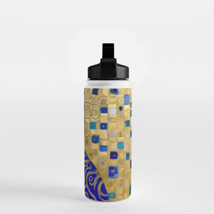 Blue and Gold Klimt Tabby Cat in Geometric Surroundings  Water Bottle Gallery Image 2