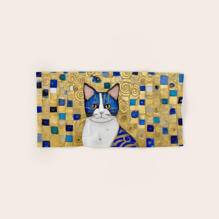 Blue and Gold Klimt Tabby Cat in Geometric Surroundings  Bath Towel Gallery Image 1