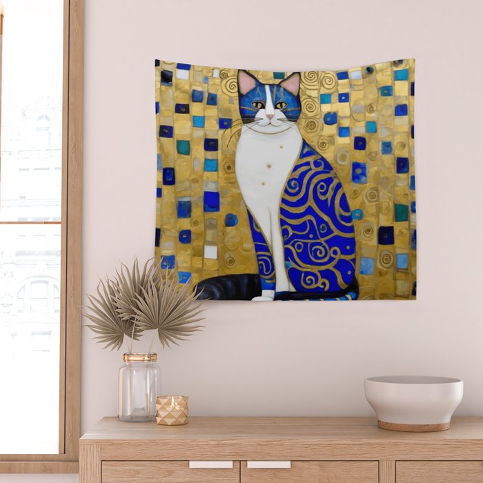 Blue and Gold Klimt Tabby Cat in Geometric Surroundings  Wall Tapestry Gallery Image 2