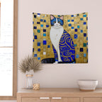 Blue and Gold Klimt Tabby Cat in Geometric Surroundings  Wall Tapestry Gallery Image 2