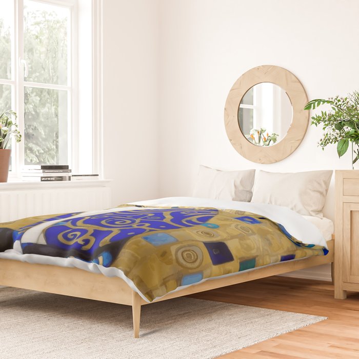 Blue and Gold Klimt Tabby Cat in Geometric Surroundings  Duvet Cover Gallery Image 2