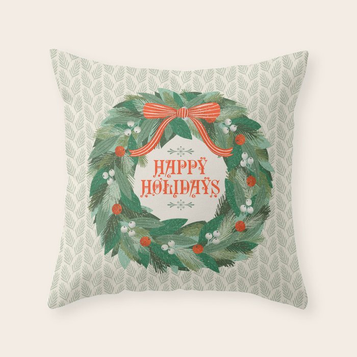 Happy Holidays Christmas Wreath Throw Pillow Gallery Image 6