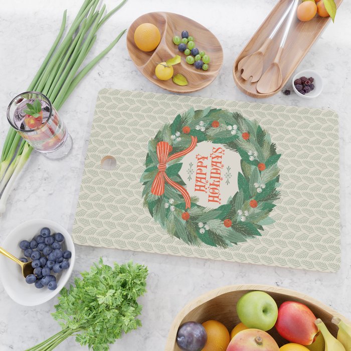 Happy Holidays Christmas Wreath Cutting Board Gallery Image 2